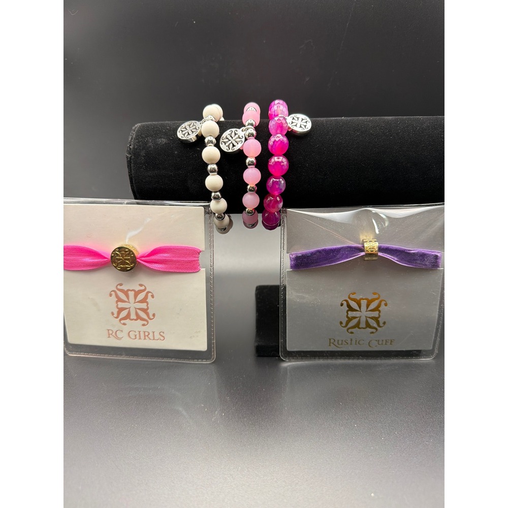 Rustic Cuff RC Bracelet Bundle Pink Magenta White Bead Ribbon Set 5pc